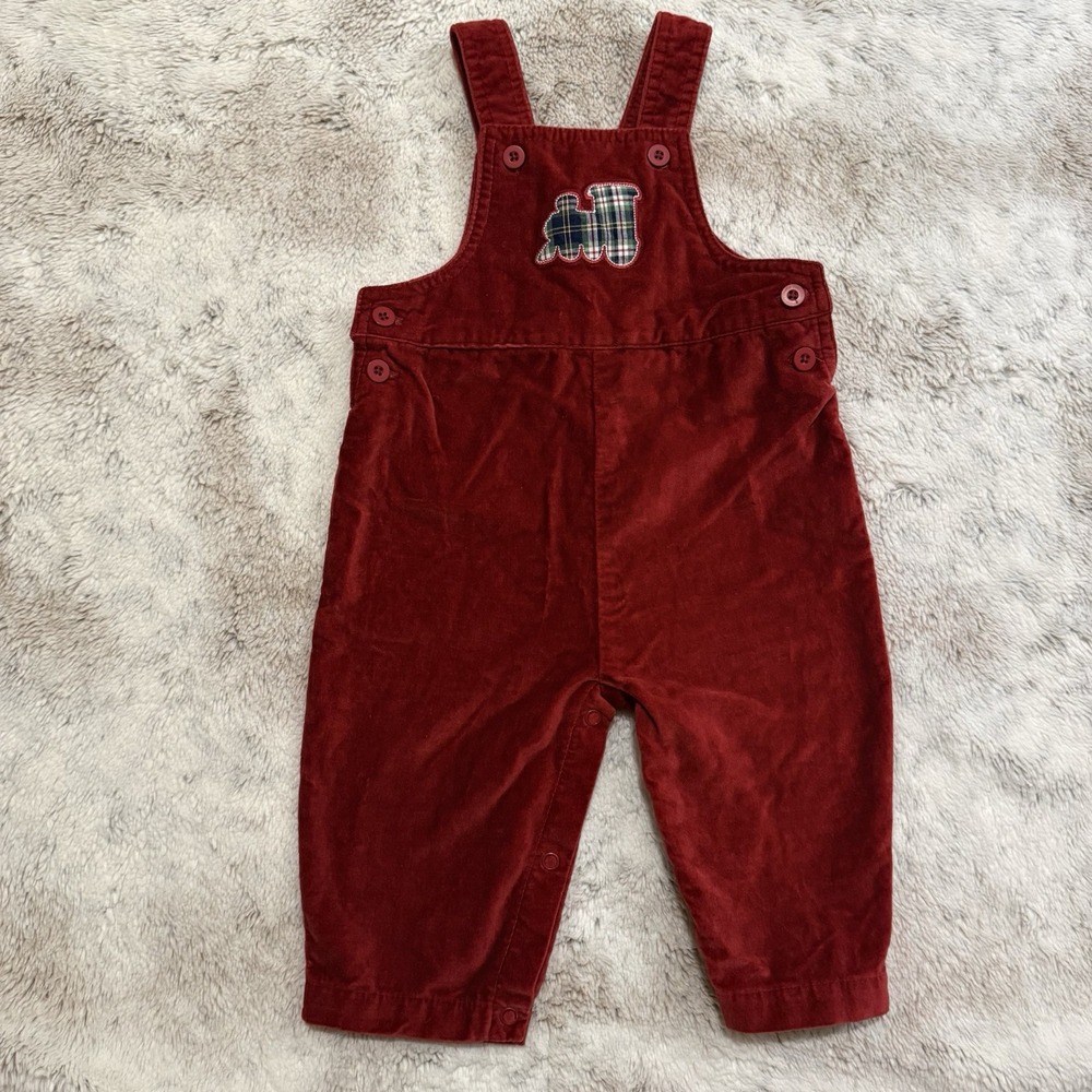 Vintage Christmas Baby Red Overalls With Train Design Size 6-9 Months